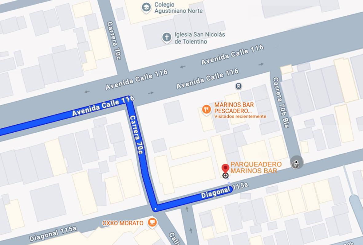 Mapa de contacto con ubicación de los parqueaderos de Marinos Bar